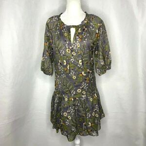 Gap Floral Shift Dress S Grey 3/4 Sleeves Tie Neck